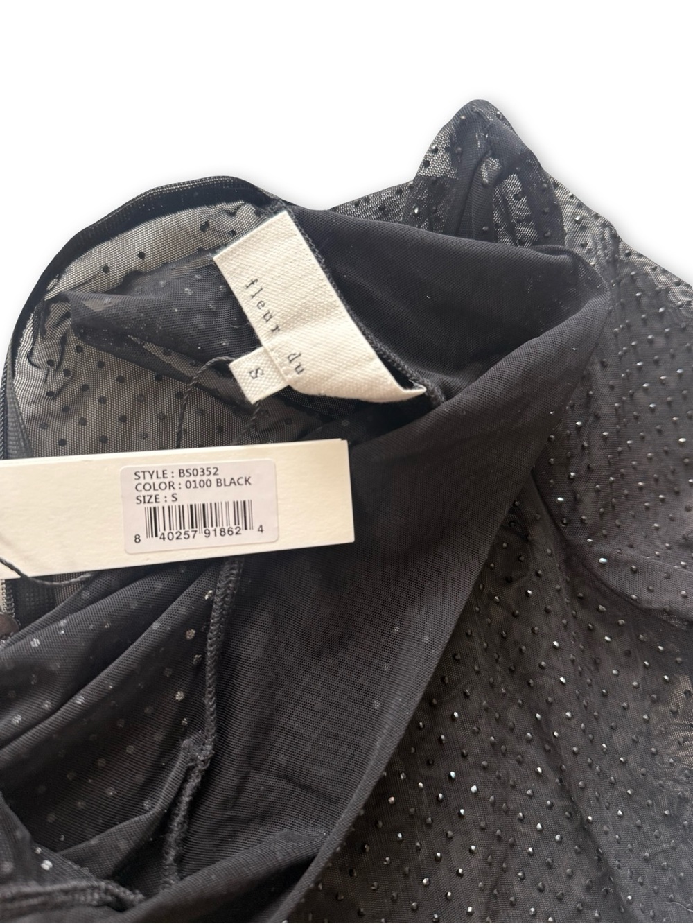 Fleur du Mal Sheer Rhinestone Mock-Neck Long Sleeve Top — Black - Picture 4 of 4